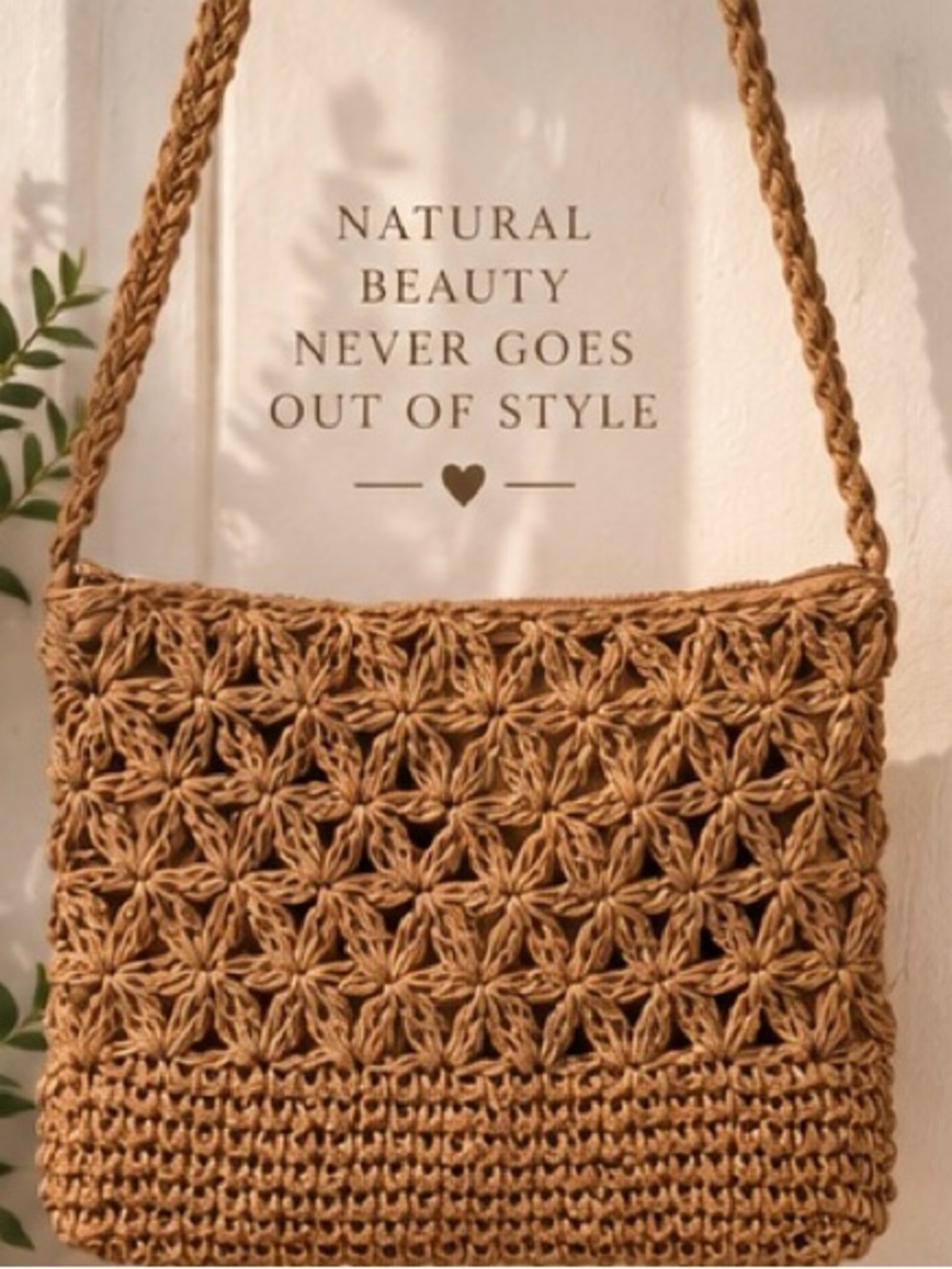 Woven Boho Crochet Raffia Shoulder Bag in Tan Floral Cutout